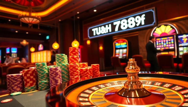 A thrilling view of the trang chủ 789f casino featuring a roulette wheel, poker chips, and a lively slot machine.