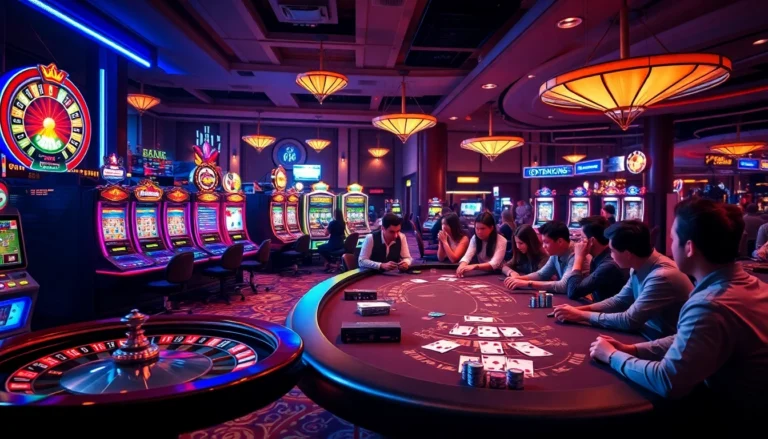 Experience the thrill of gaming on the trang chủ okfun with lively casino games featuring roulette, poker chips, and slot machines.