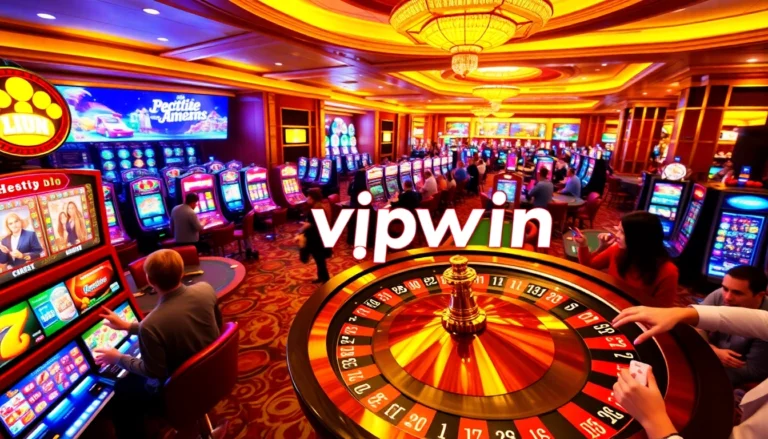 Exciting vipwin gaming experience at a bustling casino with roulette and slot machines.
